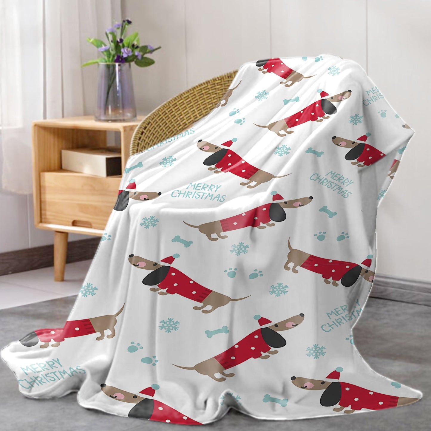 One-Piece Mid-Century Modern Christmas Dachshund Flannel Throw Blanket - Cozy Knitted Polyester, Cartoon Dog Print, Mixed Colors, All-Season Softness