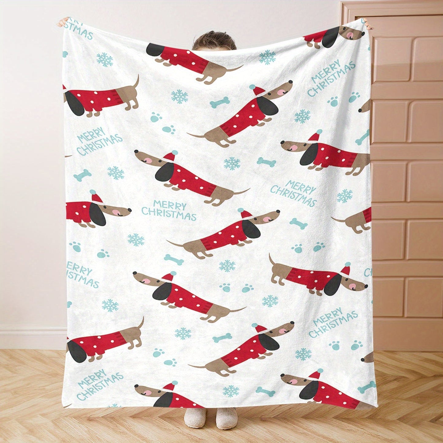 One-Piece Mid-Century Modern Christmas Dachshund Flannel Throw Blanket - Cozy Knitted Polyester, Cartoon Dog Print, Mixed Colors, All-Season Softness