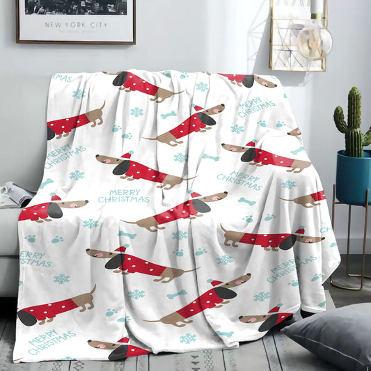 One-Piece Mid-Century Modern Christmas Dachshund Flannel Throw Blanket - Cozy Knitted Polyester, Cartoon Dog Print, Mixed Colors, All-Season Softness