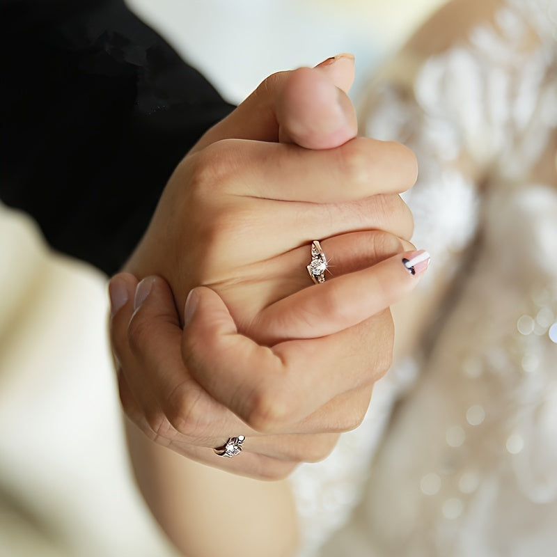 Pair of 0.5 Carat Elegant Silver Couple Rings with Rhinestone Accents - Perfect for Proposal, Engagement, Wedding, Valentine's Day, or Anniversary Gift. Romantic and Trendy Style - Made with 925 Sterling Silver Plating.