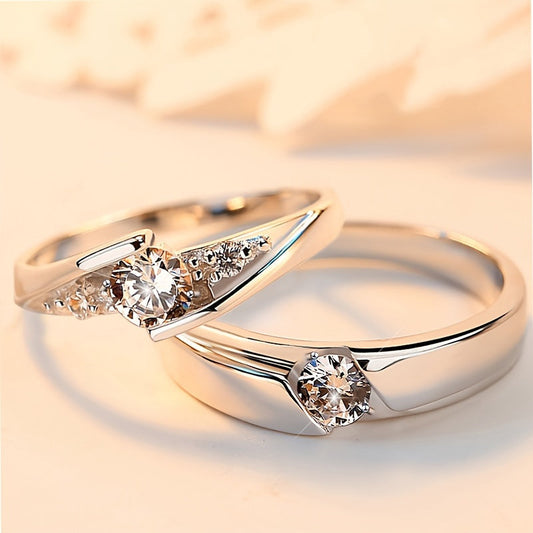 Pair of 0.5 Carat Elegant Silver Couple Rings with Rhinestone Accents - Perfect for Proposal, Engagement, Wedding, Valentine's Day, or Anniversary Gift. Romantic and Trendy Style - Made with 925 Sterling Silver Plating.