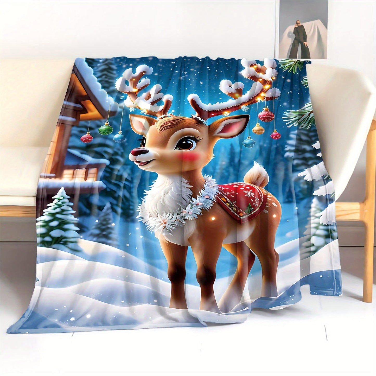 Soft and cozy Christmas Moose Flannel Blanket featuring a charming Mid-Century Style design in mixed colors. Made of 100% polyester, this lightweight blanket weighs between 200-250g per square meter and showcases a high-quality digital print. The knit