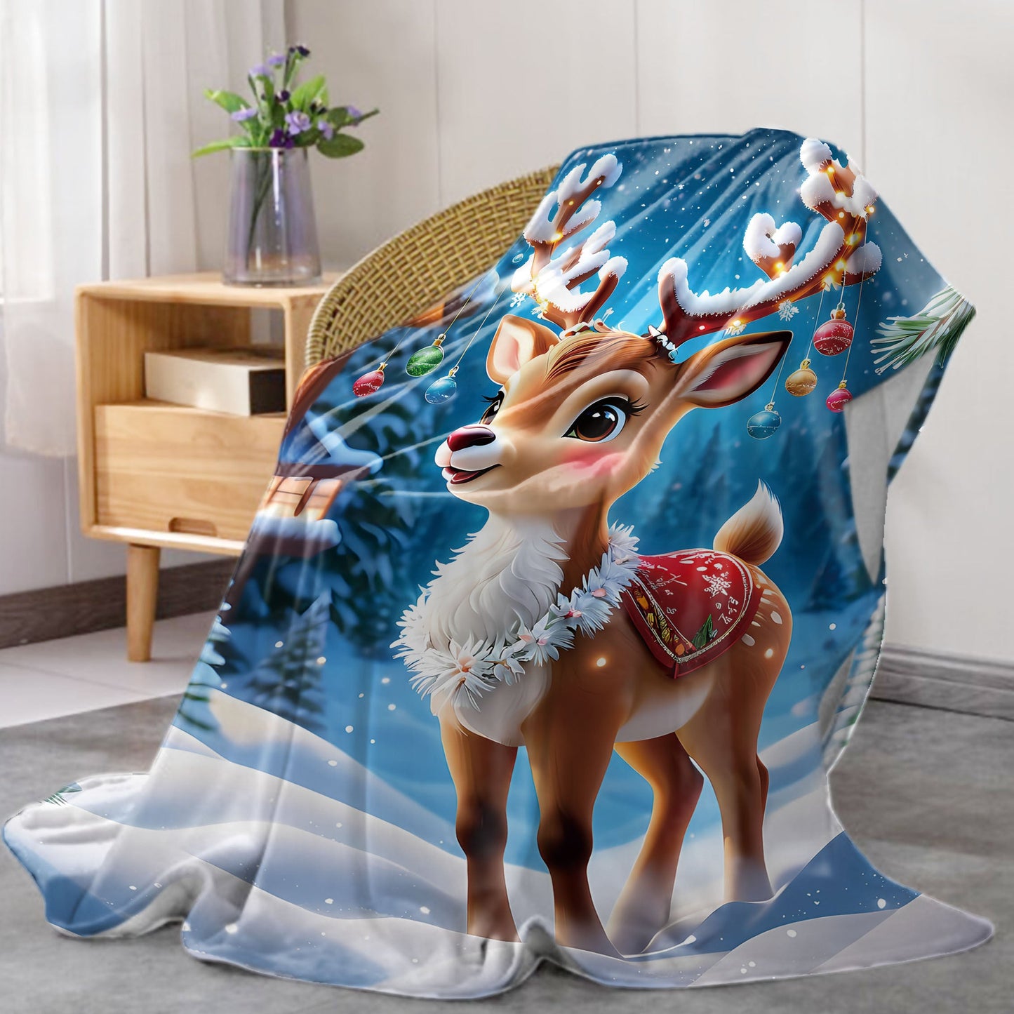 Soft and cozy Christmas Moose Flannel Blanket featuring a charming Mid-Century Style design in mixed colors. Made of 100% polyester, this lightweight blanket weighs between 200-250g per square meter and showcases a high-quality digital print. The knit