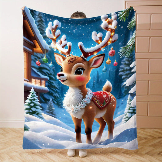 Soft and cozy Christmas Moose Flannel Blanket featuring a charming Mid-Century Style design in mixed colors. Made of 100% polyester, this lightweight blanket weighs between 200-250g per square meter and showcases a high-quality digital print. The knit