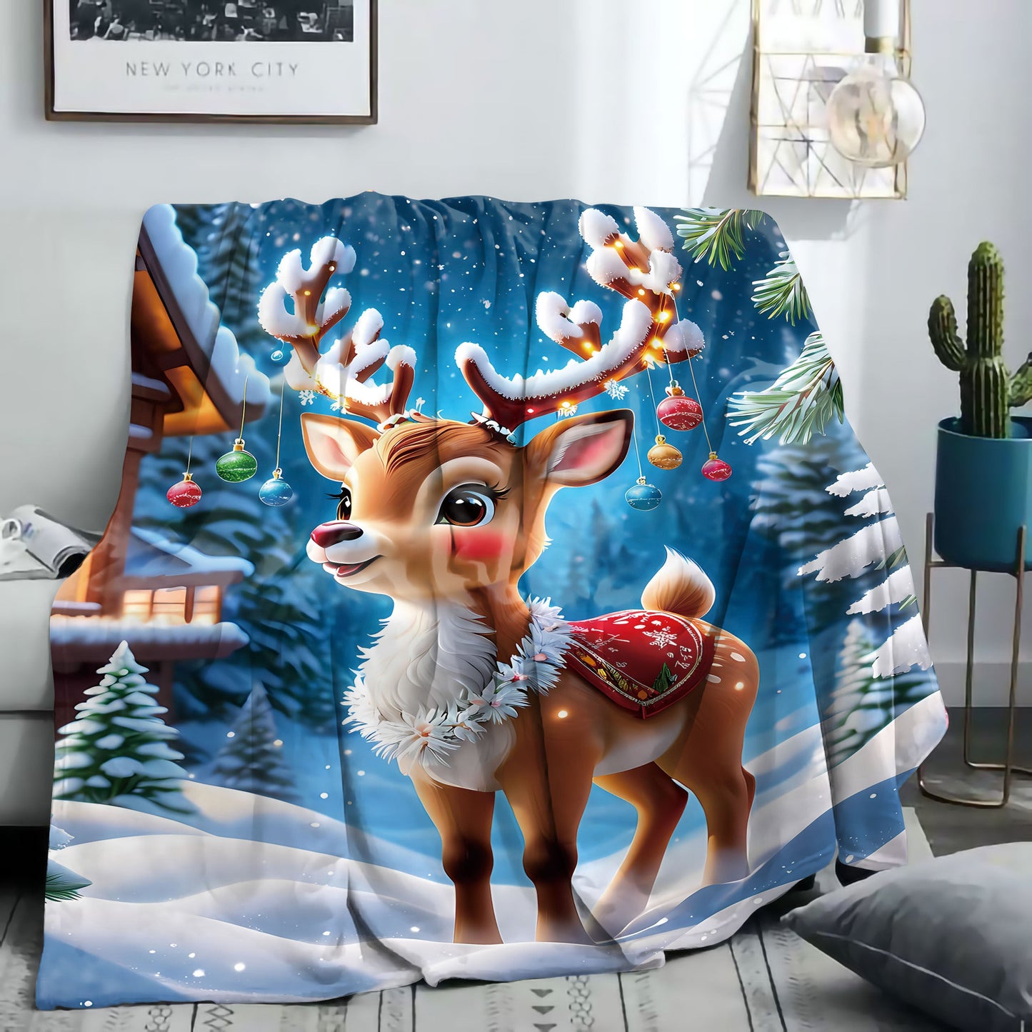 Soft and cozy Christmas Moose Flannel Blanket featuring a charming Mid-Century Style design in mixed colors. Made of 100% polyester, this lightweight blanket weighs between 200-250g per square meter and showcases a high-quality digital print. The knit