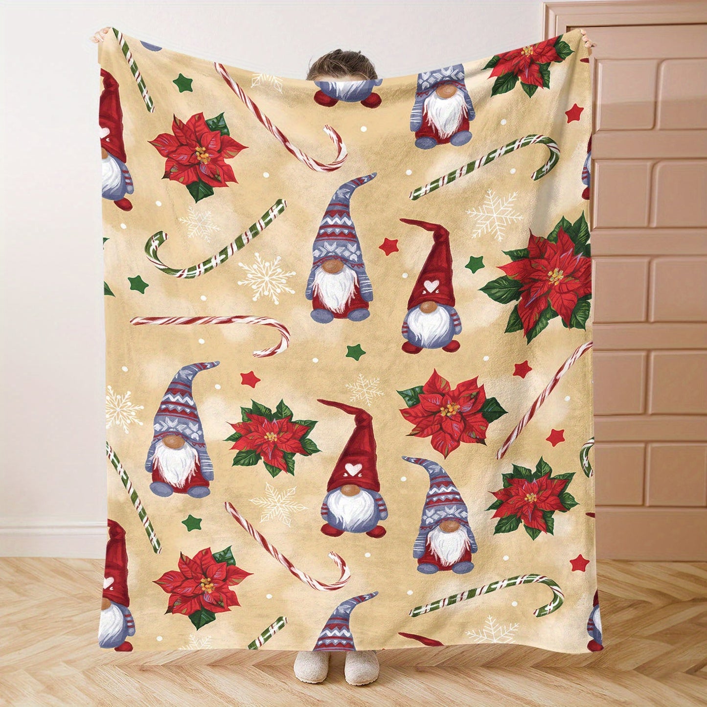 Mid-Century Style Christmas Gnome Pattern Flannel Throw Blanket -  Soft and Cozy Knitted Polyester Blanket, Perfect for Bed, Sofa, Office, or Camping. Lightweight Cover, All-Season Comfort.