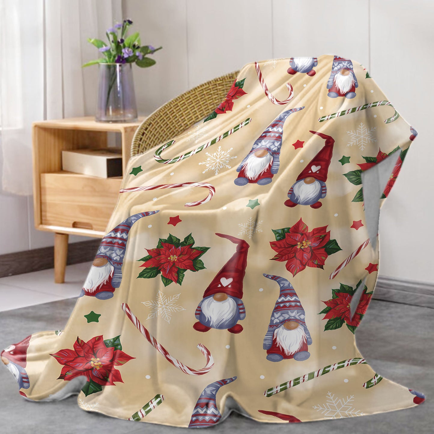 Mid-Century Style Christmas Gnome Pattern Flannel Throw Blanket -  Soft and Cozy Knitted Polyester Blanket, Perfect for Bed, Sofa, Office, or Camping. Lightweight Cover, All-Season Comfort.