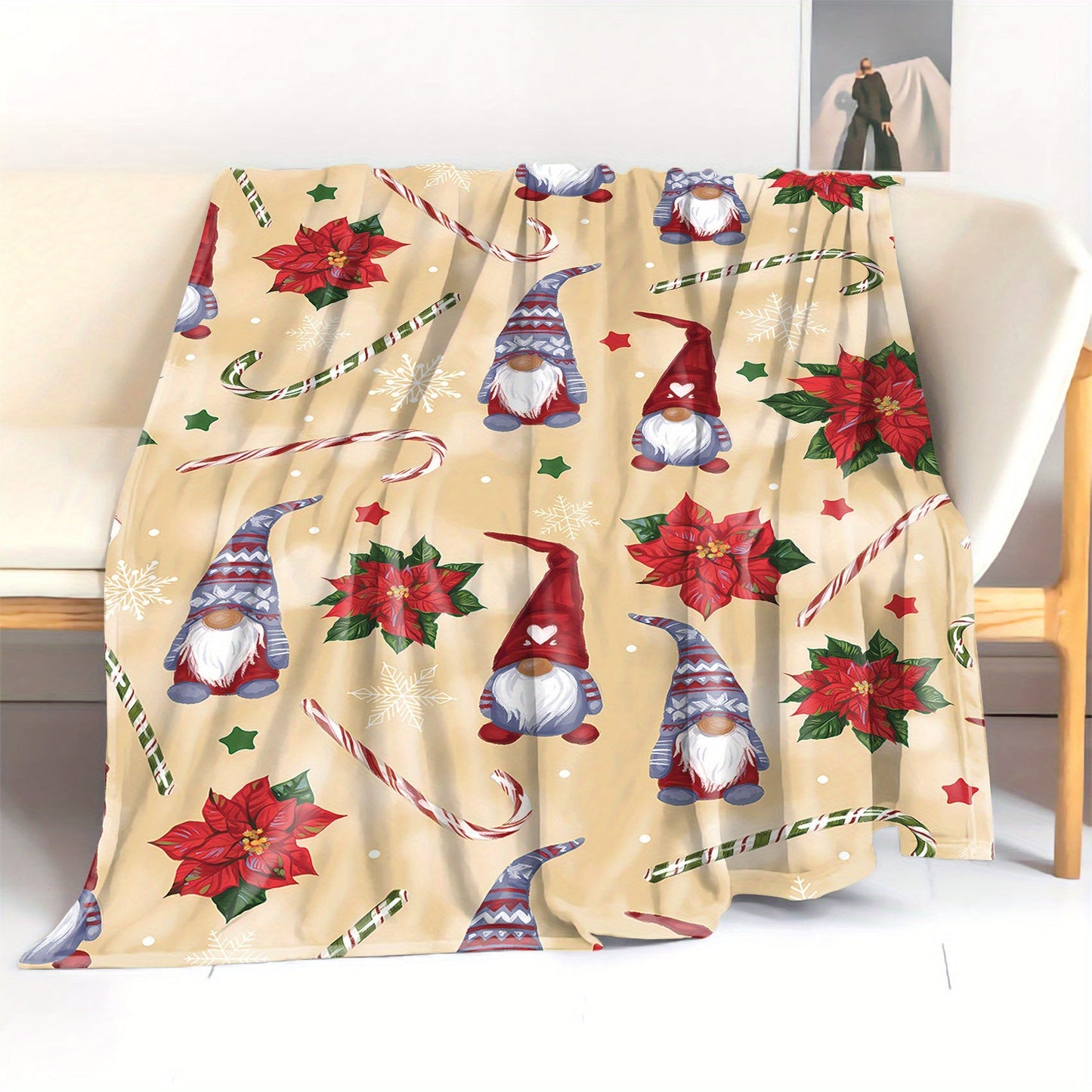 Mid-Century Style Christmas Gnome Pattern Flannel Throw Blanket -  Soft and Cozy Knitted Polyester Blanket, Perfect for Bed, Sofa, Office, or Camping. Lightweight Cover, All-Season Comfort.