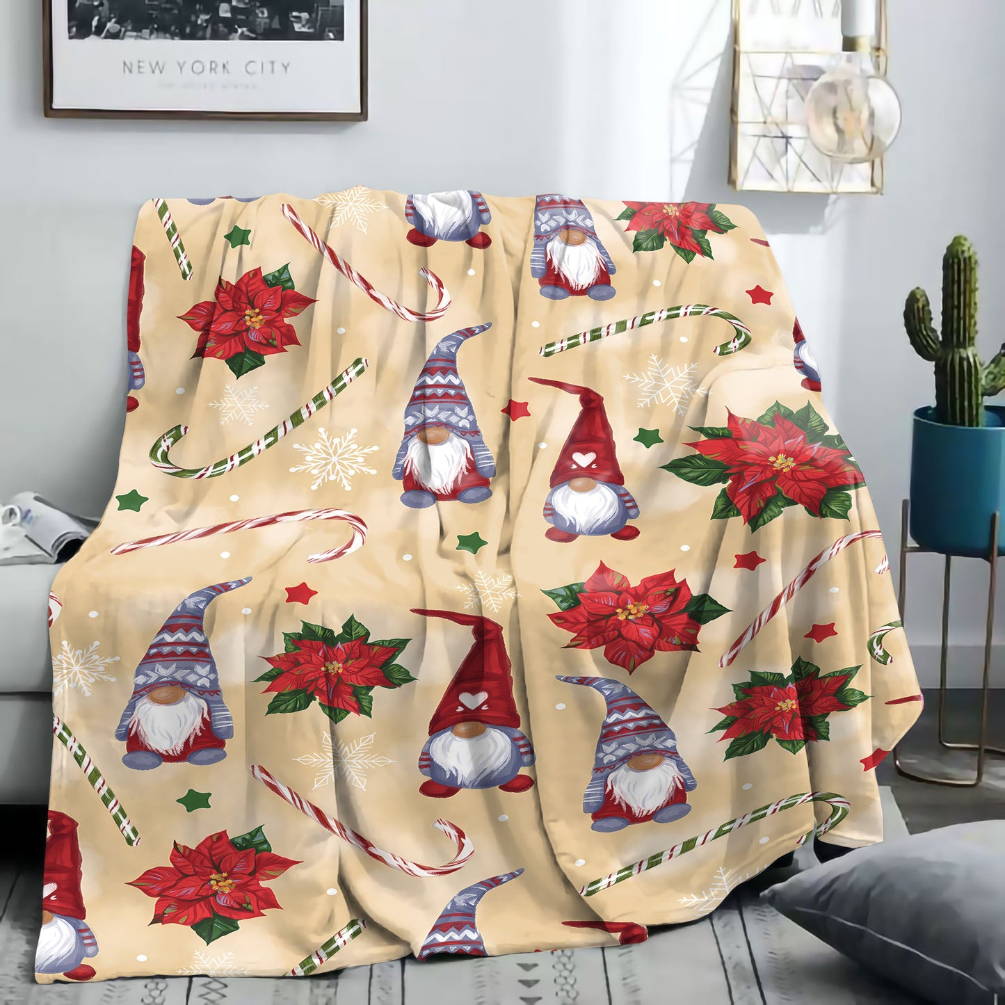 Mid-Century Style Christmas Gnome Pattern Flannel Throw Blanket -  Soft and Cozy Knitted Polyester Blanket, Perfect for Bed, Sofa, Office, or Camping. Lightweight Cover, All-Season Comfort.