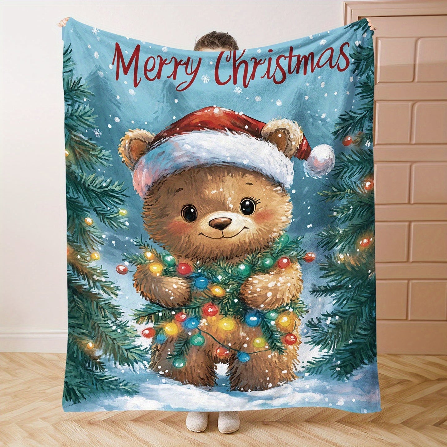 Christmas Bear Flannel Blanket - Soft and Cozy Throw for Bed, Sofa, Office, or Camping - Mixed Colors, Mid-Century Style - Digital Print - Made with Polyester Fabric - Lightweight at 200-250g per Square Kilogram - Perfect for All-Season Use