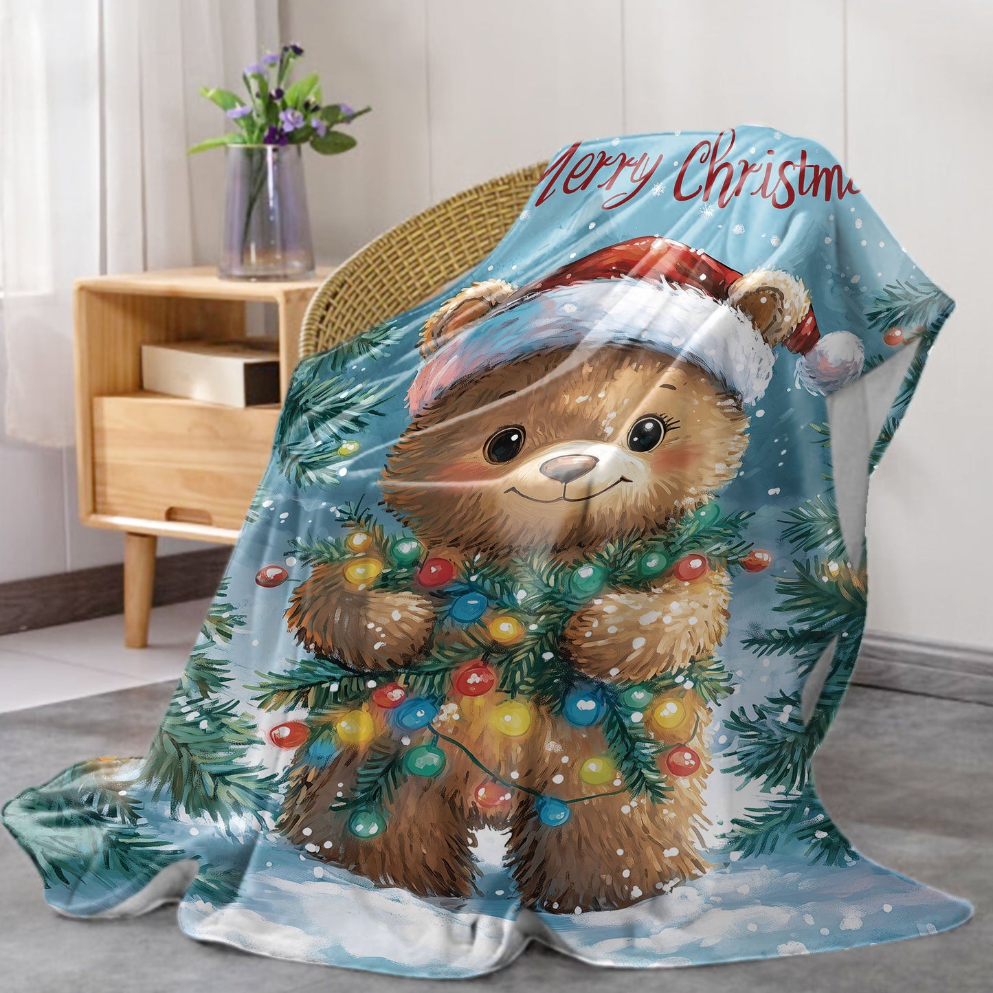 Christmas Bear Flannel Blanket - Soft and Cozy Throw for Bed, Sofa, Office, or Camping - Mixed Colors, Mid-Century Style - Digital Print - Made with Polyester Fabric - Lightweight at 200-250g per Square Kilogram - Perfect for All-Season Use