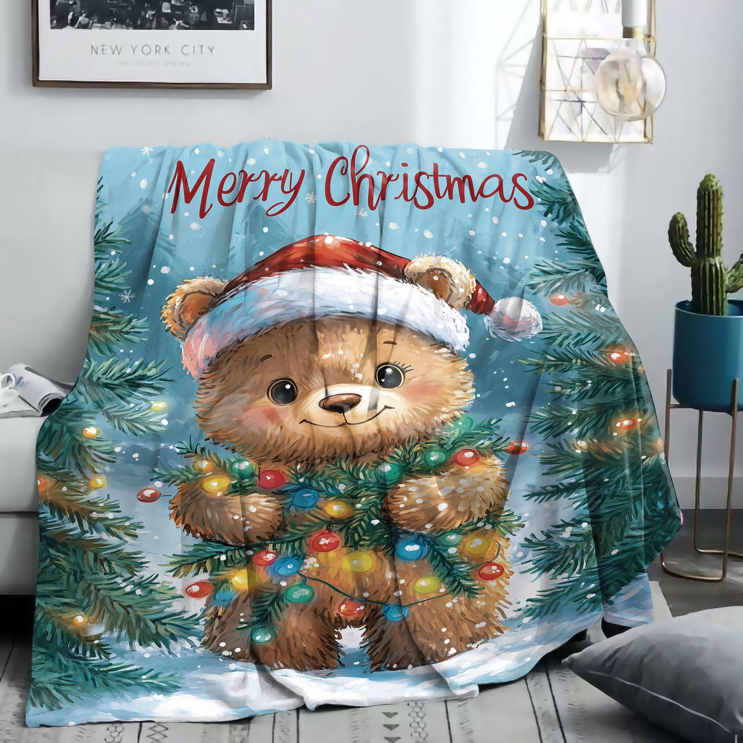 Christmas Bear Flannel Blanket - Soft and Cozy Throw for Bed, Sofa, Office, or Camping - Mixed Colors, Mid-Century Style - Digital Print - Made with Polyester Fabric - Lightweight at 200-250g per Square Kilogram - Perfect for All-Season Use