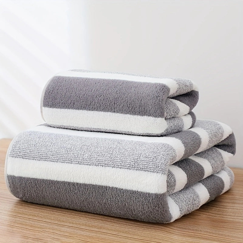 1 modern stripe pattern towel set - includes 1 bath towel and 1 hand towel, quick drying and absorbent, suitable for RV, bathroom, kitchen, and household use.