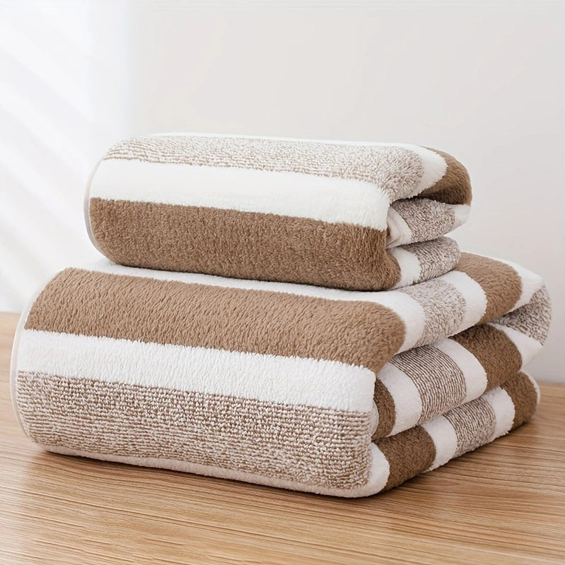 1 modern stripe pattern towel set - includes 1 bath towel and 1 hand towel, quick drying and absorbent, suitable for RV, bathroom, kitchen, and household use.