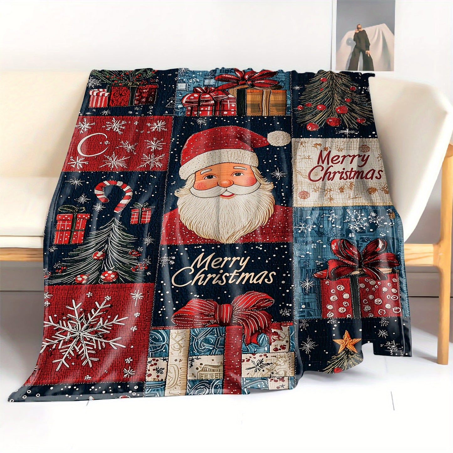 Soft polyester knit 1pc Mid-Century Style Christmas Patchwork Flannel Throw Blanket featuring a festive digital print design. This lightweight 200-250g fabric is perfect for all-season cozying up on the sofa or bed.