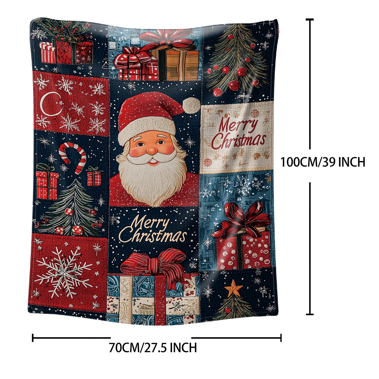 Soft polyester knit 1pc Mid-Century Style Christmas Patchwork Flannel Throw Blanket featuring a festive digital print design. This lightweight 200-250g fabric is perfect for all-season cozying up on the sofa or bed.