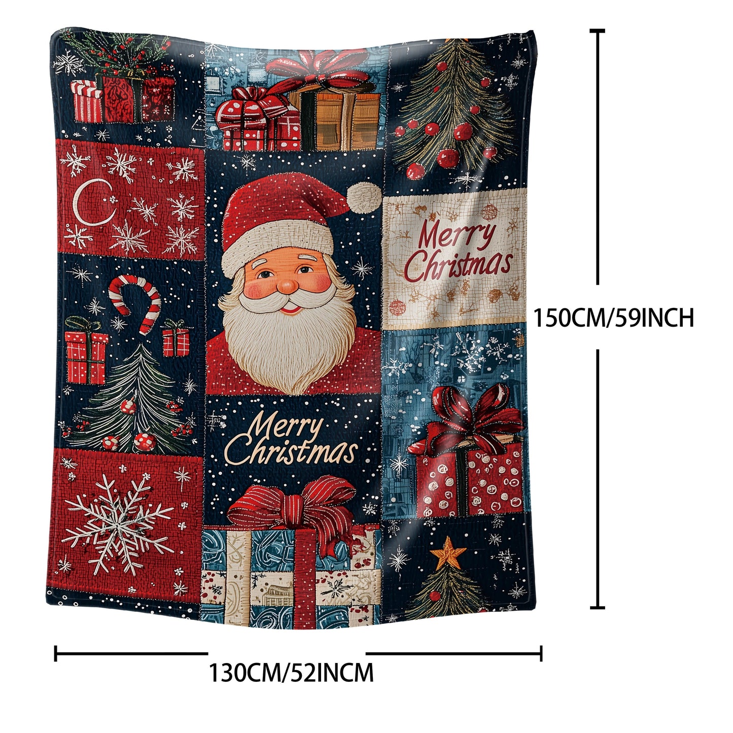 Soft polyester knit 1pc Mid-Century Style Christmas Patchwork Flannel Throw Blanket featuring a festive digital print design. This lightweight 200-250g fabric is perfect for all-season cozying up on the sofa or bed.