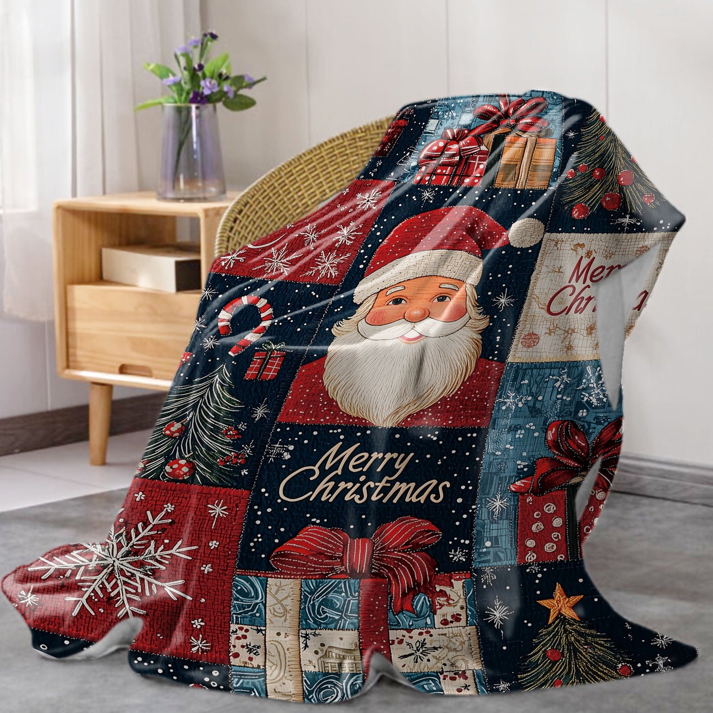 Soft polyester knit 1pc Mid-Century Style Christmas Patchwork Flannel Throw Blanket featuring a festive digital print design. This lightweight 200-250g fabric is perfect for all-season cozying up on the sofa or bed.