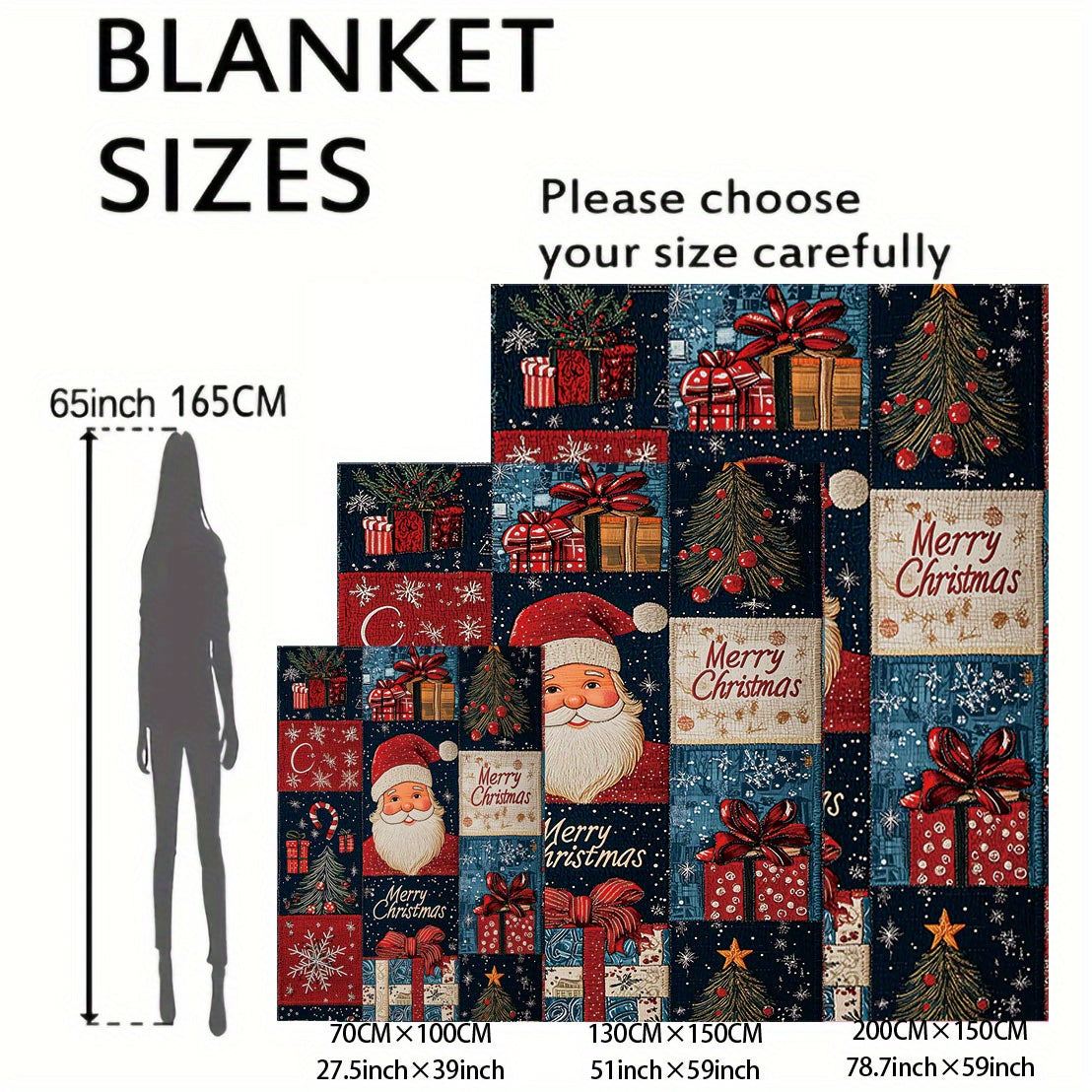 Soft polyester knit 1pc Mid-Century Style Christmas Patchwork Flannel Throw Blanket featuring a festive digital print design. This lightweight 200-250g fabric is perfect for all-season cozying up on the sofa or bed.