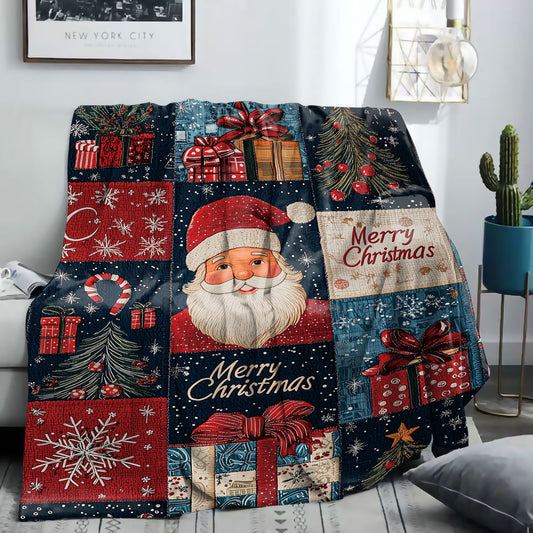 Soft polyester knit 1pc Mid-Century Style Christmas Patchwork Flannel Throw Blanket featuring a festive digital print design. This lightweight 200-250g fabric is perfect for all-season cozying up on the sofa or bed.