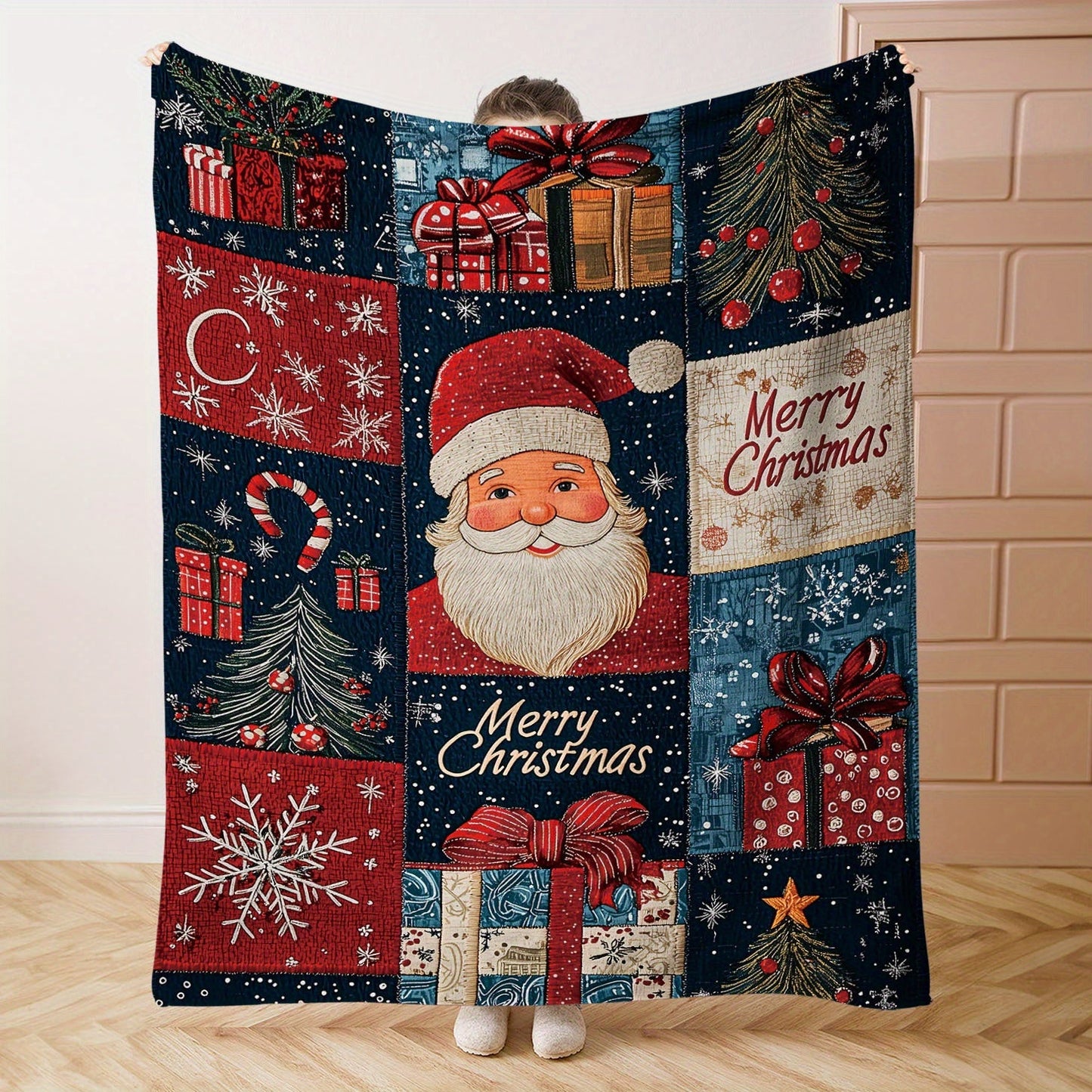 Soft polyester knit 1pc Mid-Century Style Christmas Patchwork Flannel Throw Blanket featuring a festive digital print design. This lightweight 200-250g fabric is perfect for all-season cozying up on the sofa or bed.