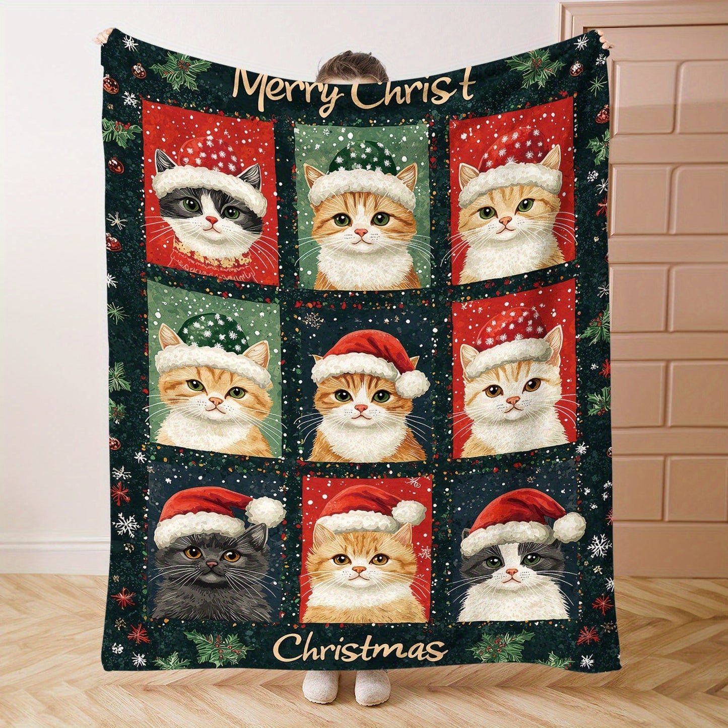 Christmas Cats Flannel Blanket in Mid-Century Style with Digital Print, Knitted Throw for Bed, Sofa, Office, or Camping. Suitable for All Seasons, with Mixed Colors and Fabric Weight of 200-250g. Soft and Cozy!