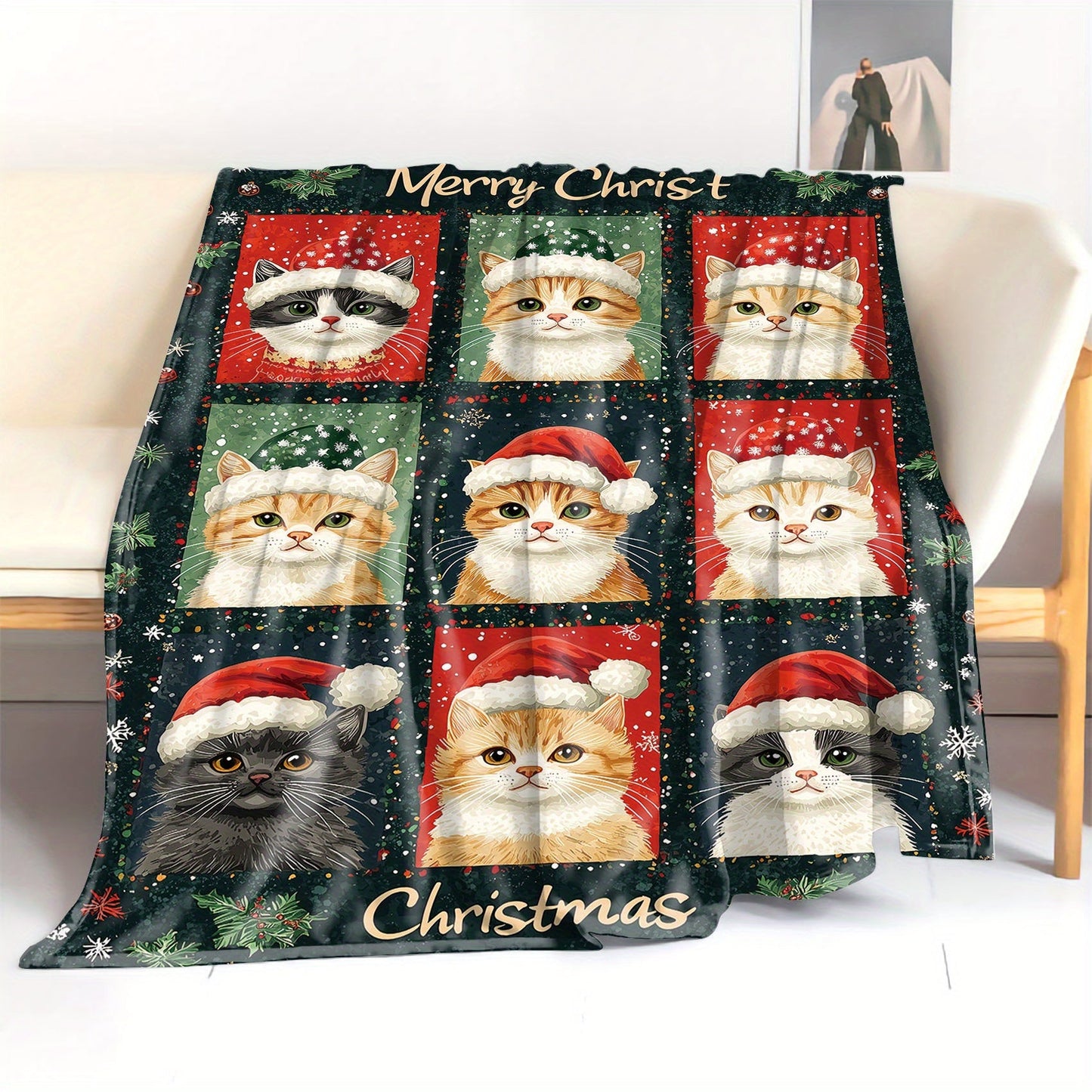 Christmas Cats Flannel Blanket in Mid-Century Style with Digital Print, Knitted Throw for Bed, Sofa, Office, or Camping. Suitable for All Seasons, with Mixed Colors and Fabric Weight of 200-250g. Soft and Cozy!