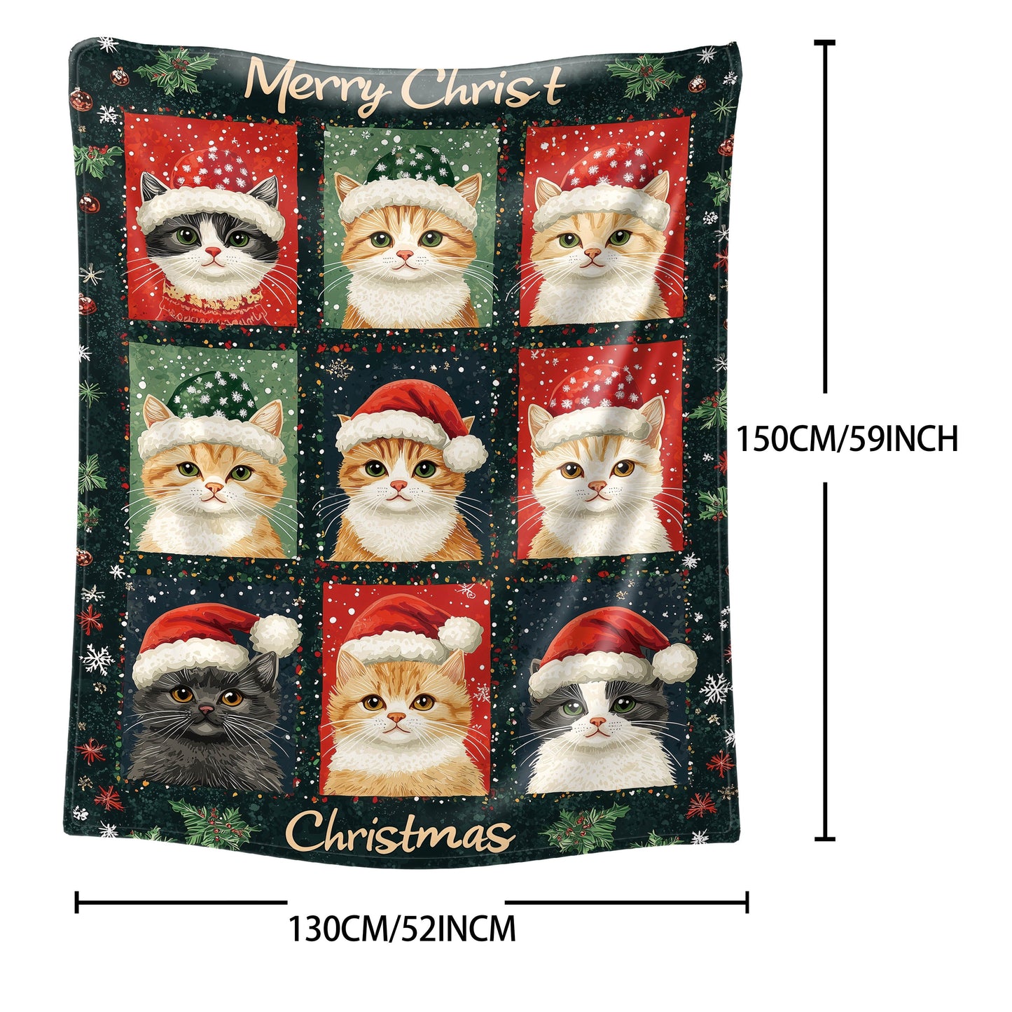 Christmas Cats Flannel Blanket in Mid-Century Style with Digital Print, Knitted Throw for Bed, Sofa, Office, or Camping. Suitable for All Seasons, with Mixed Colors and Fabric Weight of 200-250g. Soft and Cozy!