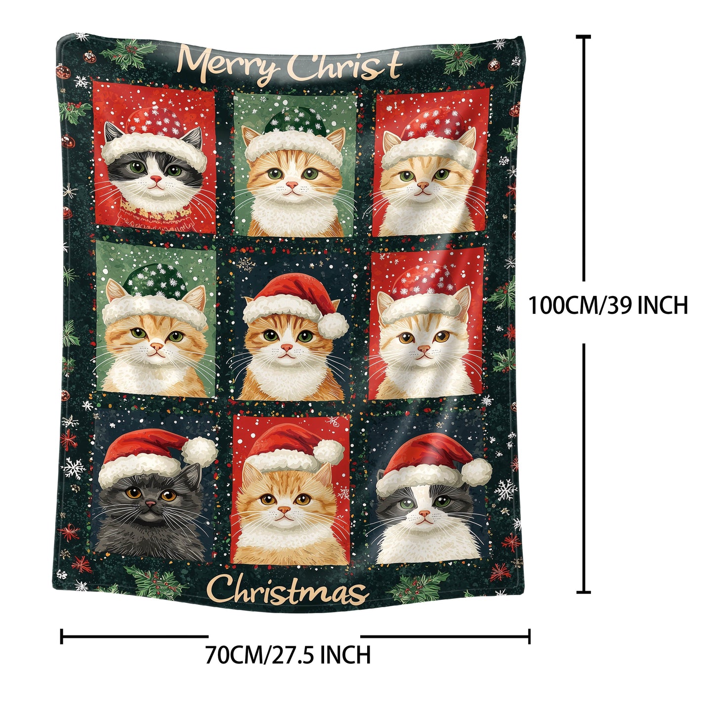 Christmas Cats Flannel Blanket in Mid-Century Style with Digital Print, Knitted Throw for Bed, Sofa, Office, or Camping. Suitable for All Seasons, with Mixed Colors and Fabric Weight of 200-250g. Soft and Cozy!