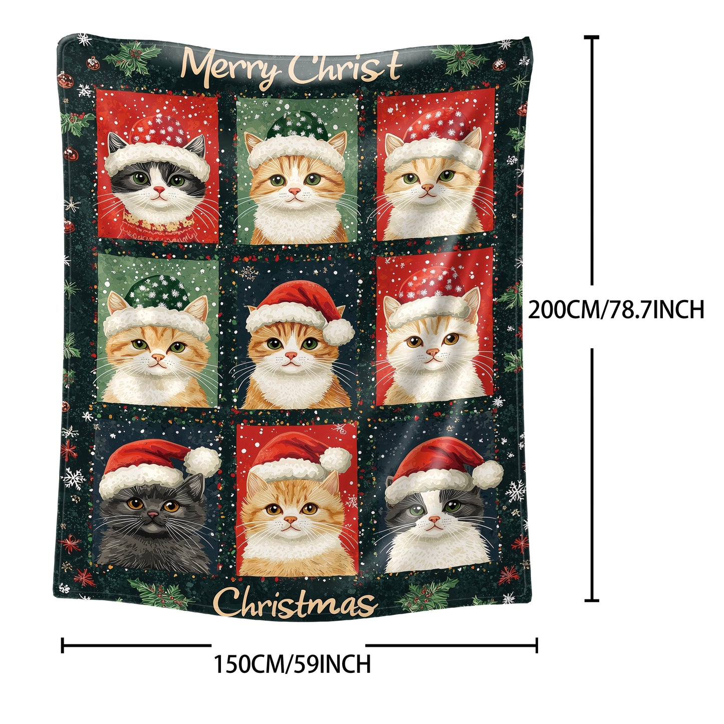 Christmas Cats Flannel Blanket in Mid-Century Style with Digital Print, Knitted Throw for Bed, Sofa, Office, or Camping. Suitable for All Seasons, with Mixed Colors and Fabric Weight of 200-250g. Soft and Cozy!