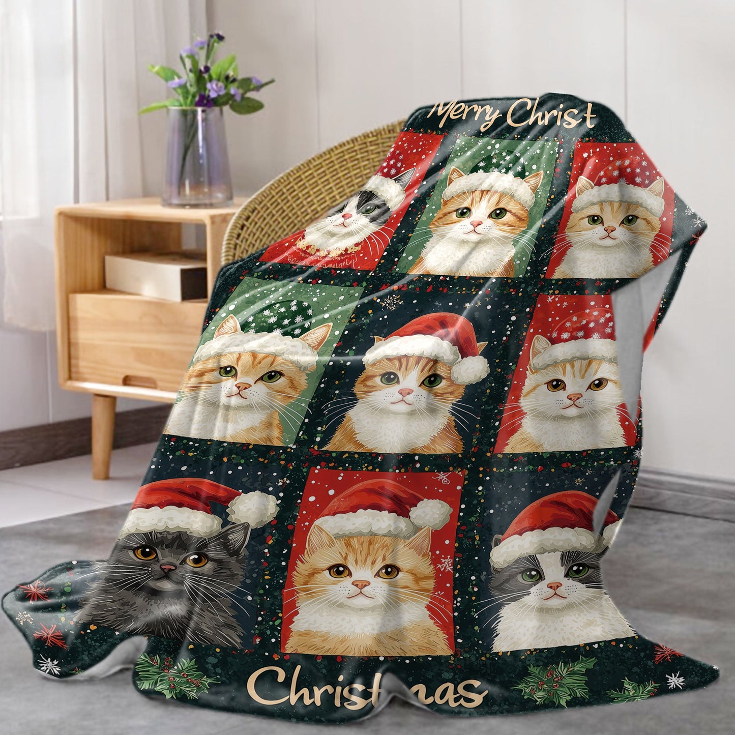 Christmas Cats Flannel Blanket in Mid-Century Style with Digital Print, Knitted Throw for Bed, Sofa, Office, or Camping. Suitable for All Seasons, with Mixed Colors and Fabric Weight of 200-250g. Soft and Cozy!