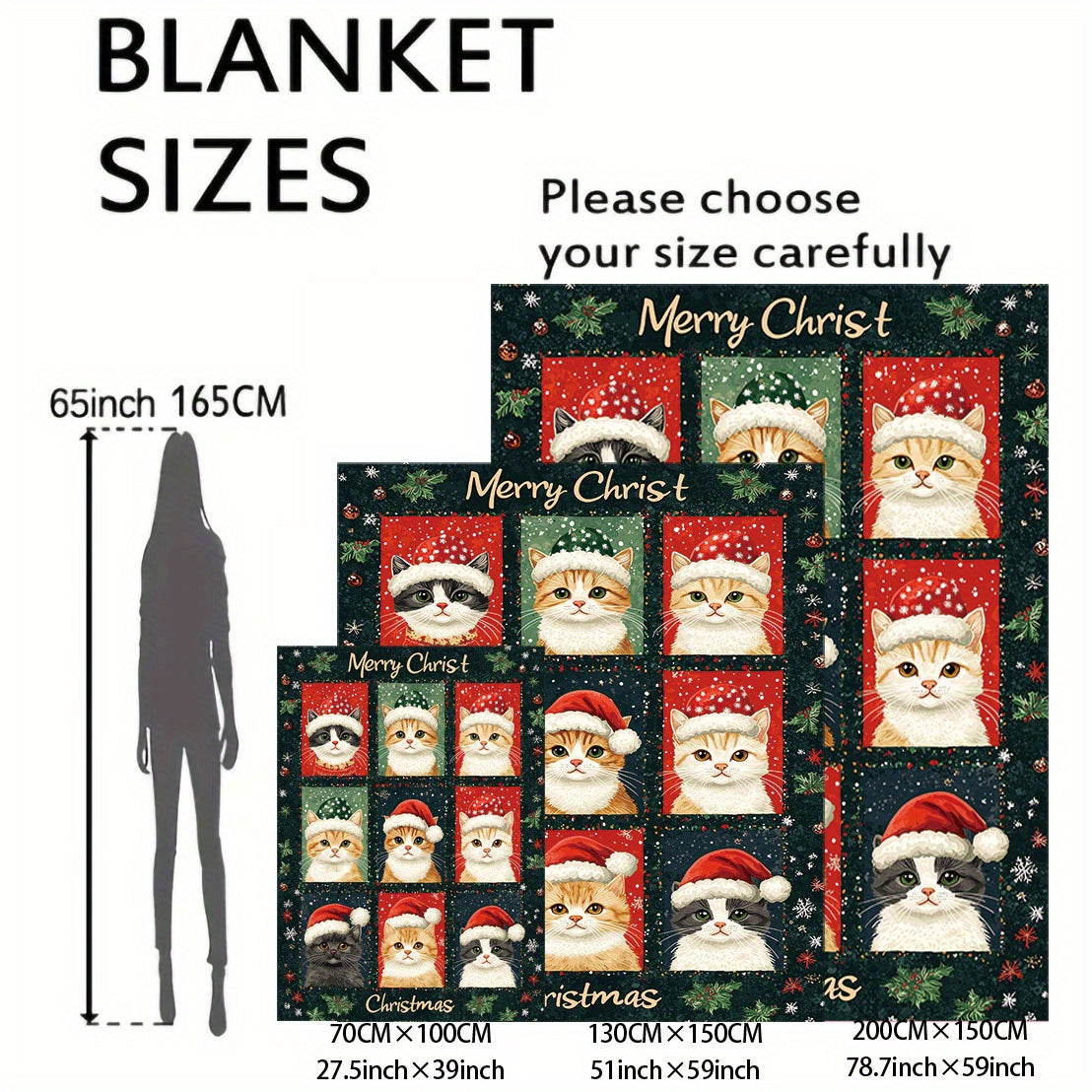 Christmas Cats Flannel Blanket in Mid-Century Style with Digital Print, Knitted Throw for Bed, Sofa, Office, or Camping. Suitable for All Seasons, with Mixed Colors and Fabric Weight of 200-250g. Soft and Cozy!