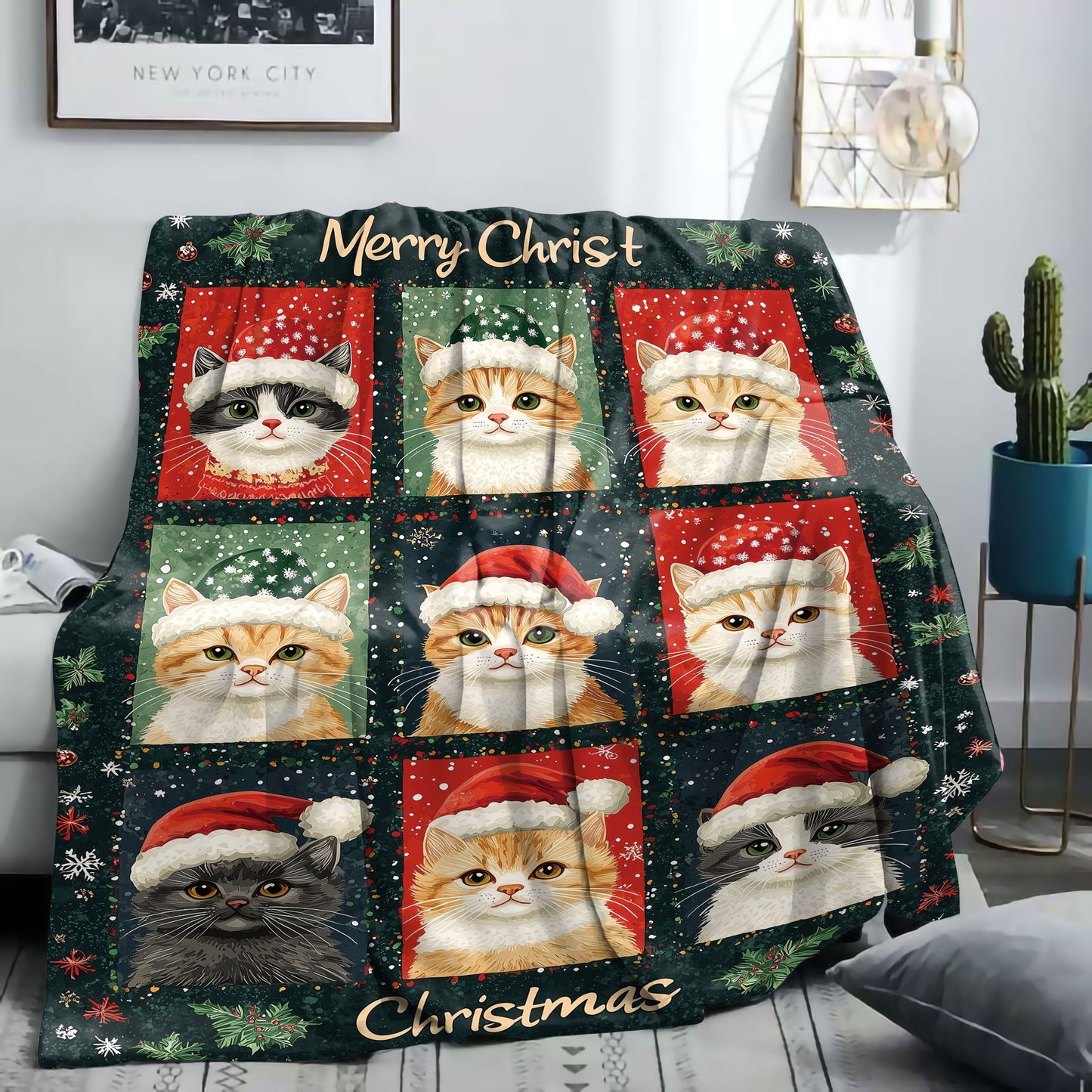 Christmas Cats Flannel Blanket in Mid-Century Style with Digital Print, Knitted Throw for Bed, Sofa, Office, or Camping. Suitable for All Seasons, with Mixed Colors and Fabric Weight of 200-250g. Soft and Cozy!