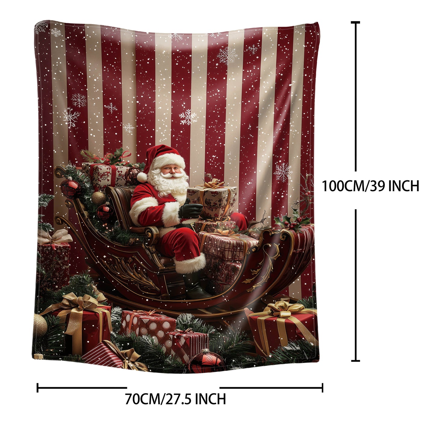 Mid-Century Style Christmas Santa Claus Sleigh and Gifts Print Throw Blanket, made from Soft Cozy Flannel with Digital Printing Knitted All Seasons Blanket for Bed, Sofa, Office, Camping. 100% Polyester material with a weight of 200-250 g/㎡.