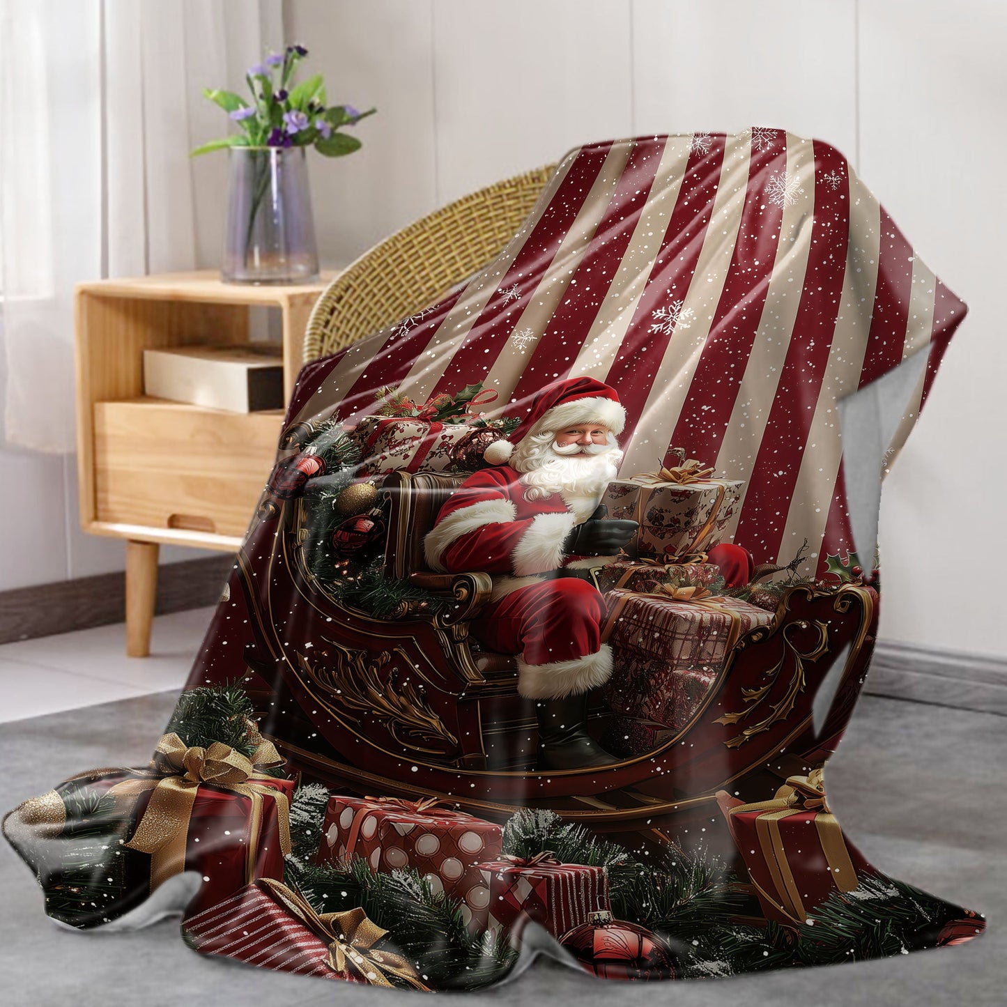 Mid-Century Style Christmas Santa Claus Sleigh and Gifts Print Throw Blanket, made from Soft Cozy Flannel with Digital Printing Knitted All Seasons Blanket for Bed, Sofa, Office, Camping. 100% Polyester material with a weight of 200-250 g/㎡.