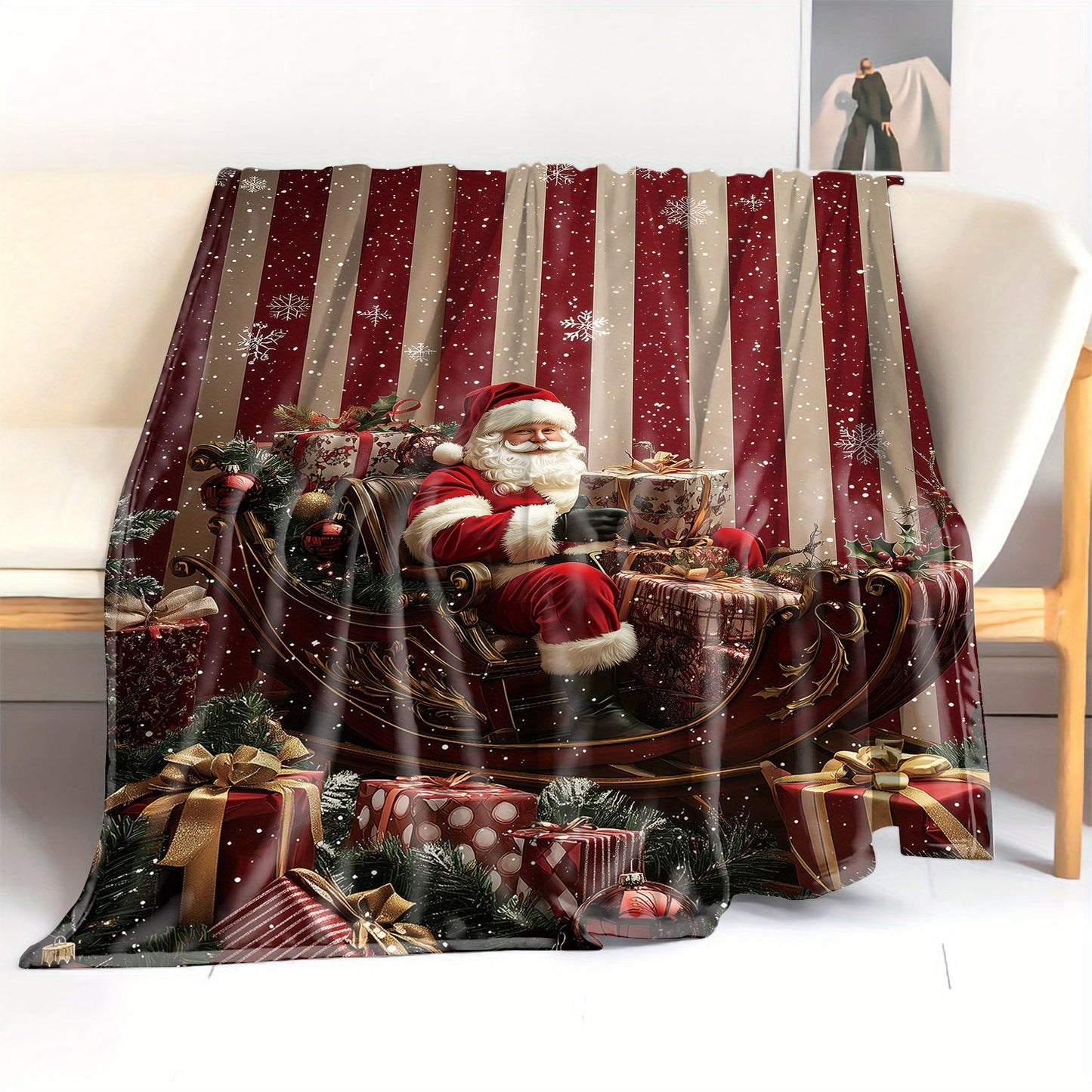 Mid-Century Style Christmas Santa Claus Sleigh and Gifts Print Throw Blanket, made from Soft Cozy Flannel with Digital Printing Knitted All Seasons Blanket for Bed, Sofa, Office, Camping. 100% Polyester material with a weight of 200-250 g/㎡.