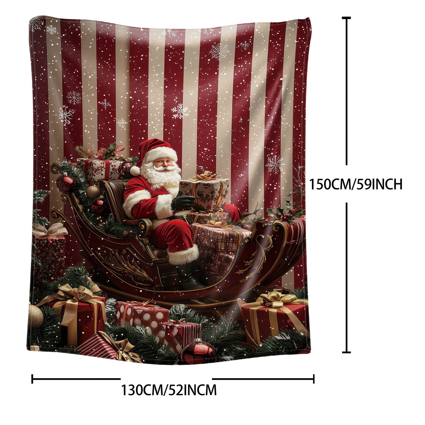 Mid-Century Style Christmas Santa Claus Sleigh and Gifts Print Throw Blanket, made from Soft Cozy Flannel with Digital Printing Knitted All Seasons Blanket for Bed, Sofa, Office, Camping. 100% Polyester material with a weight of 200-250 g/㎡.