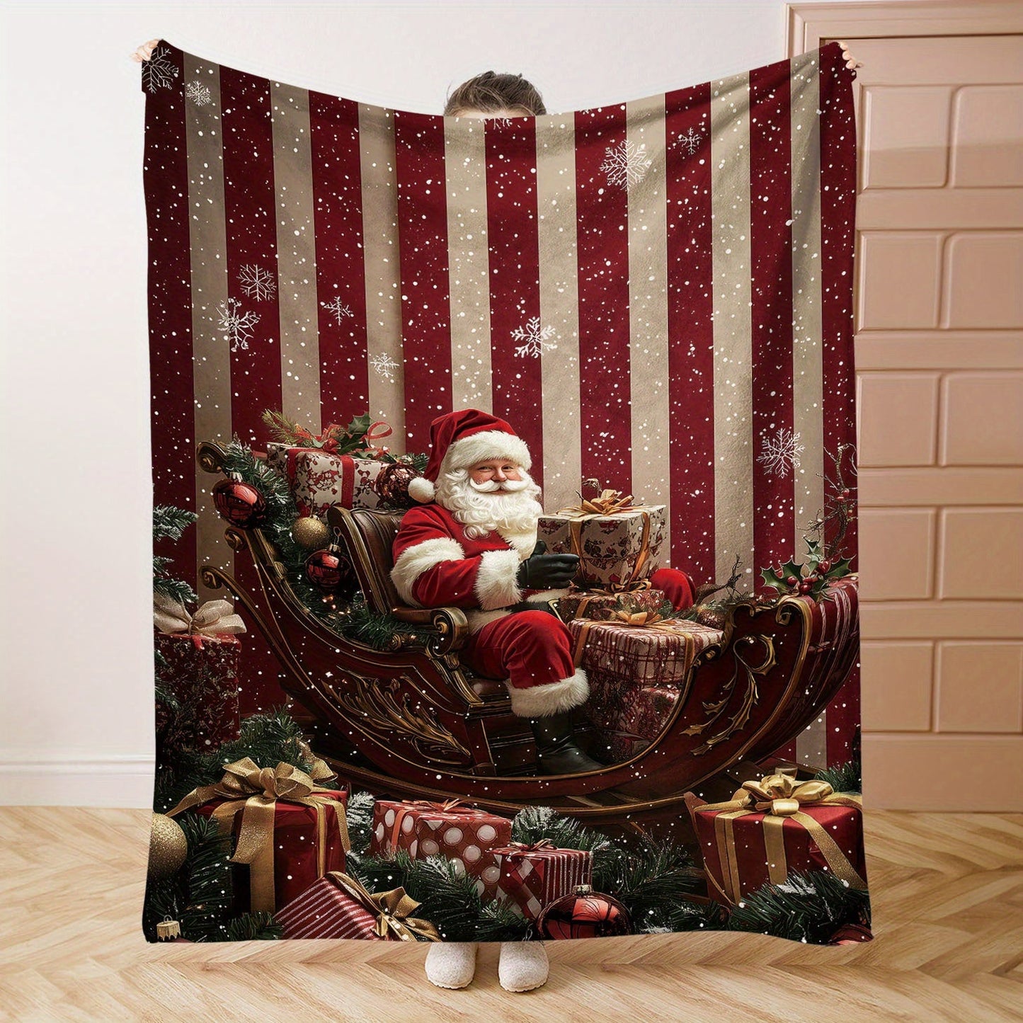 Mid-Century Style Christmas Santa Claus Sleigh and Gifts Print Throw Blanket, made from Soft Cozy Flannel with Digital Printing Knitted All Seasons Blanket for Bed, Sofa, Office, Camping. 100% Polyester material with a weight of 200-250 g/㎡.