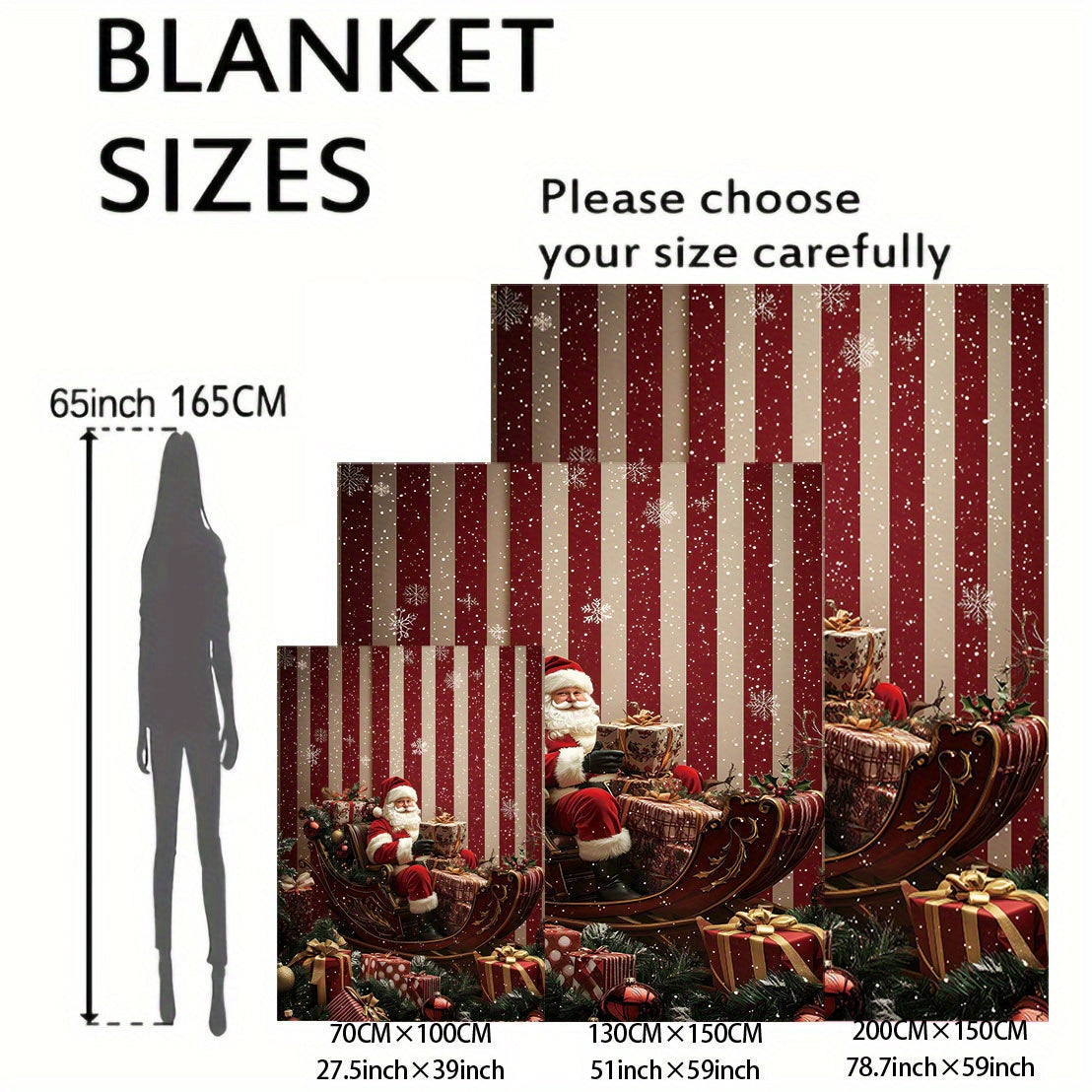 Mid-Century Style Christmas Santa Claus Sleigh and Gifts Print Throw Blanket, made from Soft Cozy Flannel with Digital Printing Knitted All Seasons Blanket for Bed, Sofa, Office, Camping. 100% Polyester material with a weight of 200-250 g/㎡.