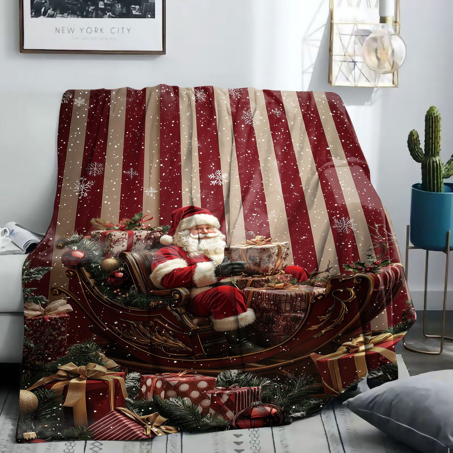 Mid-Century Style Christmas Santa Claus Sleigh and Gifts Print Throw Blanket, made from Soft Cozy Flannel with Digital Printing Knitted All Seasons Blanket for Bed, Sofa, Office, Camping. 100% Polyester material with a weight of 200-250 g/㎡.