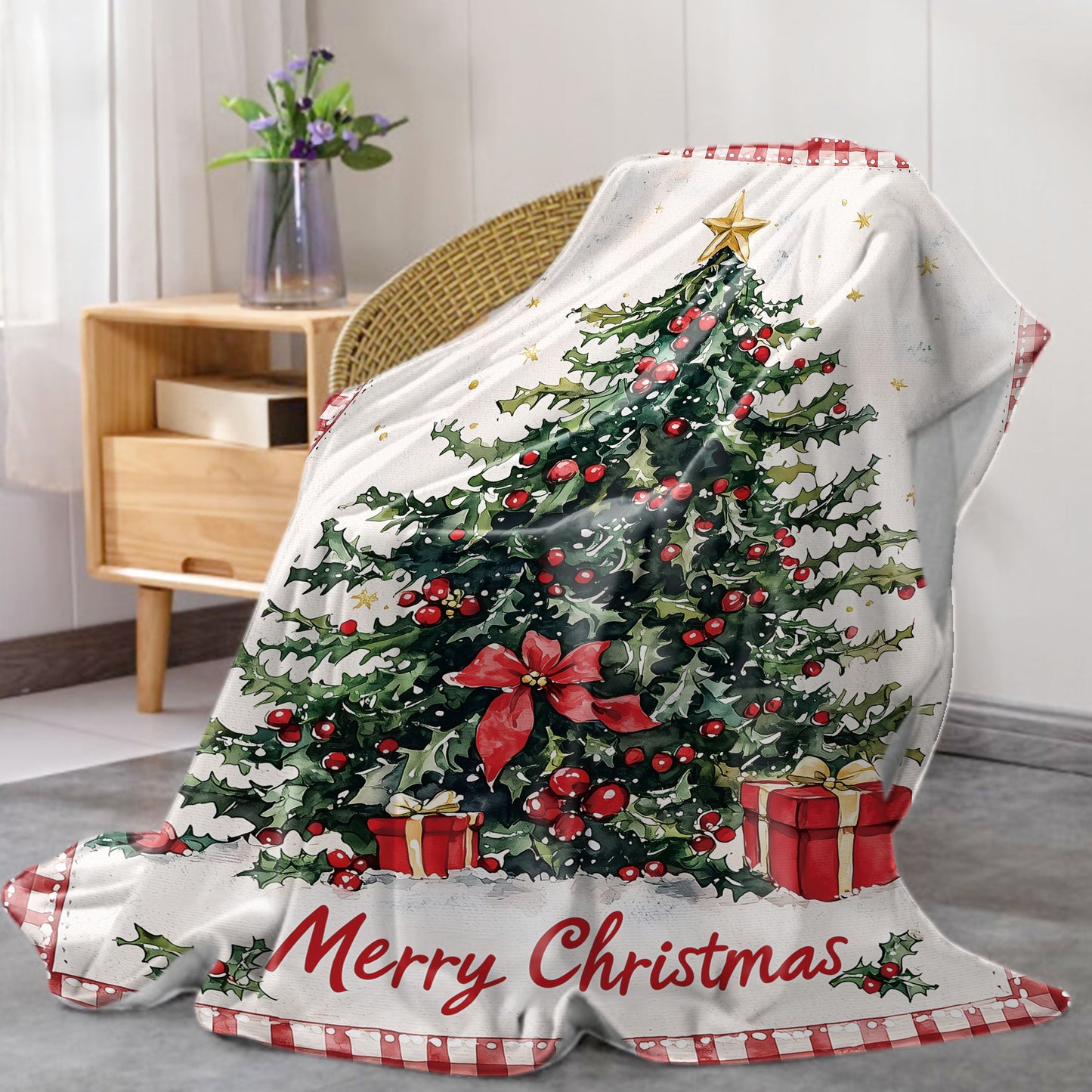 This cozy flannel throw blanket features a striking Mid-Century Style Christmas Tree design, perfect for adding a festive touch to your home decor. Made from soft knitted polyester, this blanket is ideal for all-season use and is perfect for snuggling up