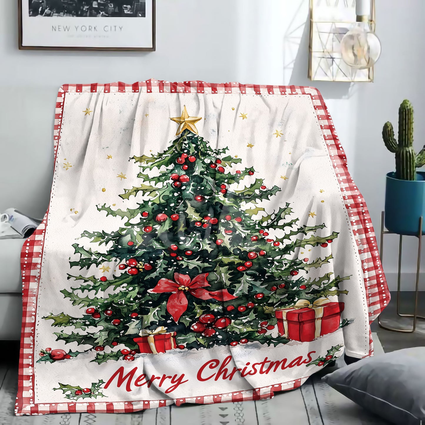 This cozy flannel throw blanket features a striking Mid-Century Style Christmas Tree design, perfect for adding a festive touch to your home decor. Made from soft knitted polyester, this blanket is ideal for all-season use and is perfect for snuggling up