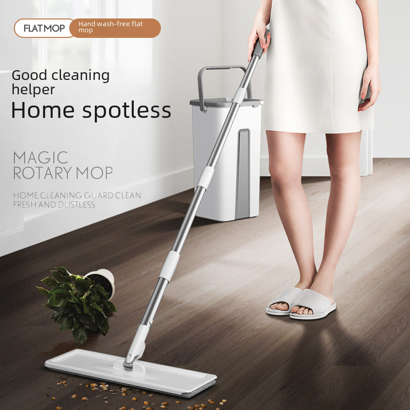 Introducing the Magic Rotary Mop: A stainless steel flat mop designed for effortless cleaning. This versatile mop can be used wet or dry, making it perfect for use in the living room, bedroom, bathroom, kitchen, and any other floor surface in your home.