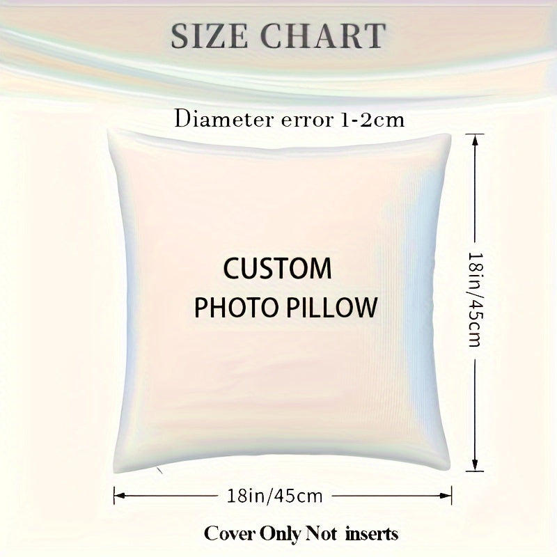 Customize your space with a personalized photo pillow cover measuring 45.72x45.72 cm. Made with soft and durable polyester, this machine washable cover is perfect for enhancing the decor of your bedroom or living room. It also makes an ideal gift for