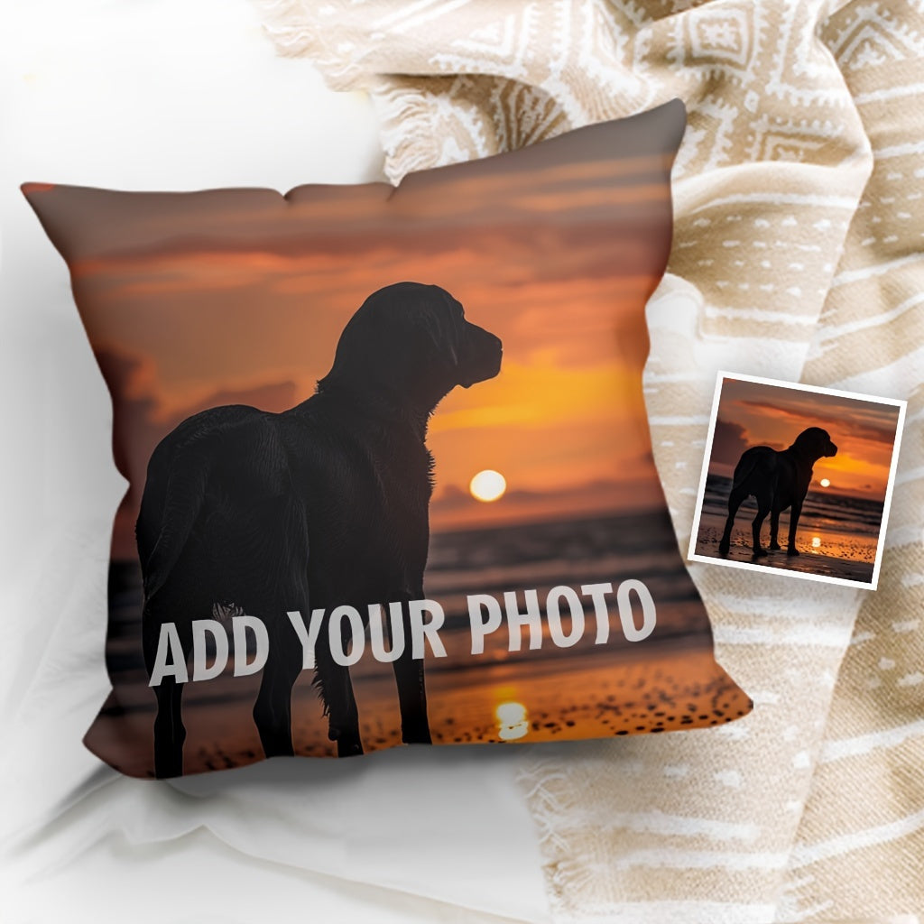 Customize your space with a personalized photo pillow cover measuring 45.72x45.72 cm. Made with soft and durable polyester, this machine washable cover is perfect for enhancing the decor of your bedroom or living room. It also makes an ideal gift for