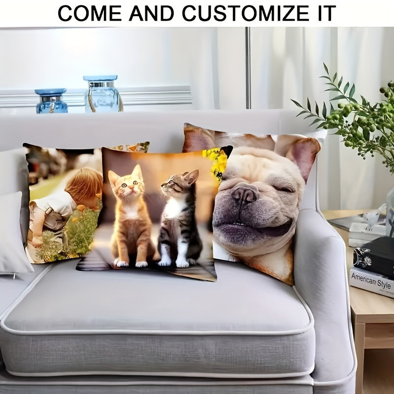 Customize your space with a personalized photo pillow cover measuring 45.72x45.72 cm. Made with soft and durable polyester, this machine washable cover is perfect for enhancing the decor of your bedroom or living room. It also makes an ideal gift for