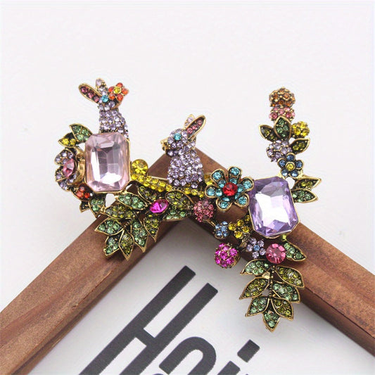 Chic Vintage Rabbit Zodiac Brooch, adorned with Enamel and Rhinestones, a whimsical Animal Plant Corsage Pin, a fashionable Novelty piece perfect for gifting