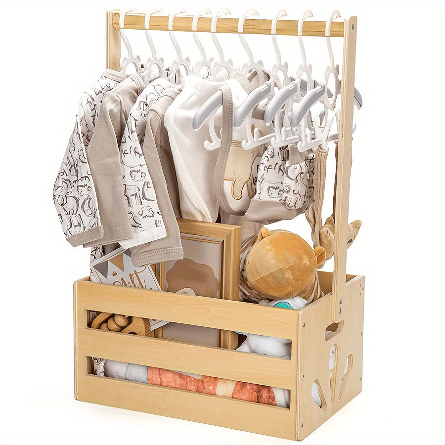 Yellow wooden storage organizer with hanging rod for nursery closet. Can hold clothes, toys, and diapers. Versatile rectangle basket, ideal as a gift.