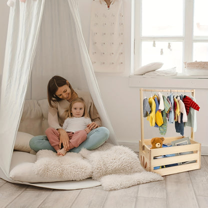 Yellow wooden storage organizer with hanging rod for nursery closet. Can hold clothes, toys, and diapers. Versatile rectangle basket, ideal as a gift.