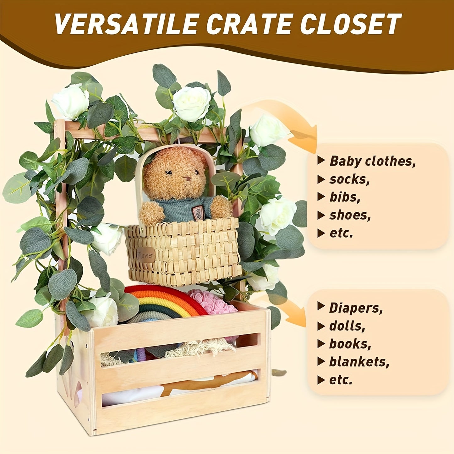 Yellow wooden storage organizer with hanging rod for nursery closet. Can hold clothes, toys, and diapers. Versatile rectangle basket, ideal as a gift.